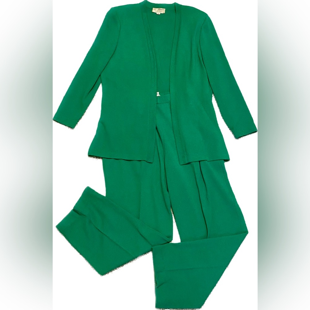 St John Bright Green Knit Pants And Cardigan Open Jacket Size 16 USA *Has Flaws*